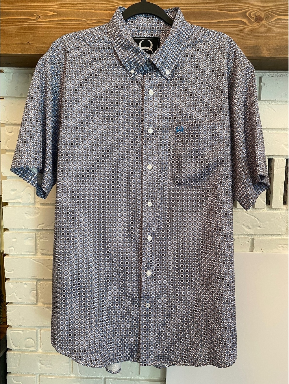Cinch Men’s Geometric Print Short Sleeve Button Up Shirt Blue Orange Size M